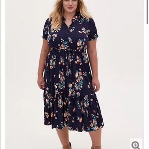 Torrid Floral Challis Button Front Drawstring Mid Shirt Dress